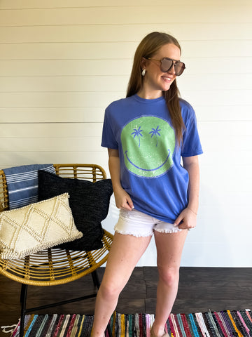 Palm Tree Smiley Face Flo Blue Comfort Color Tee