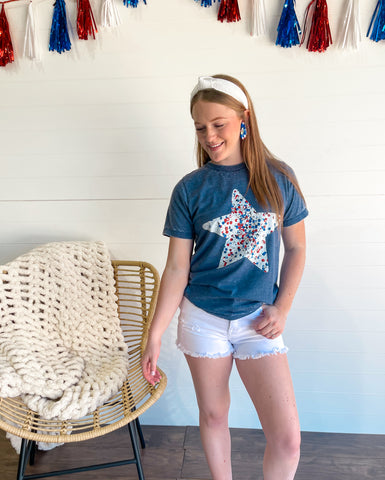 Faux Sequined Star Acid Wash Navy Tee