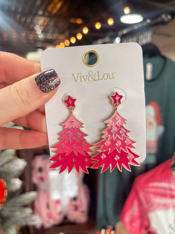Pink Enamel Christmas Tree Earrings