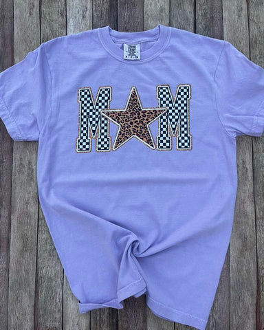 Mom Checkered and Star Lilac Comfort Color Tee