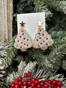 Beaded White Christmas Tree Earrings