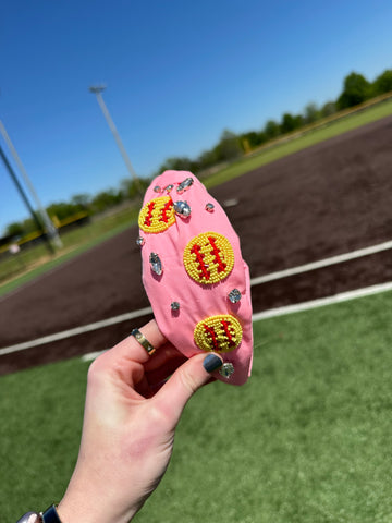 Pink Beaded Softball Headband