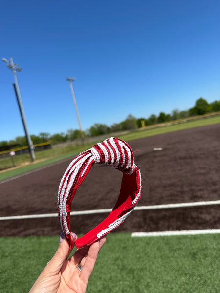 Red and White Sequined Striped Headband