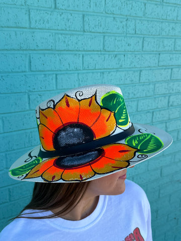 Ivory Painted Floral Straw Hat