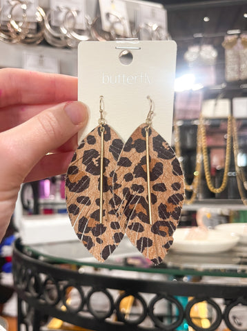 Leopard Feather Dangle Leather Earrings