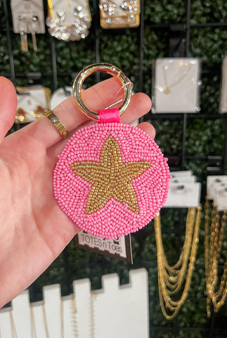 Beaded Pink and Gold Star Keychain