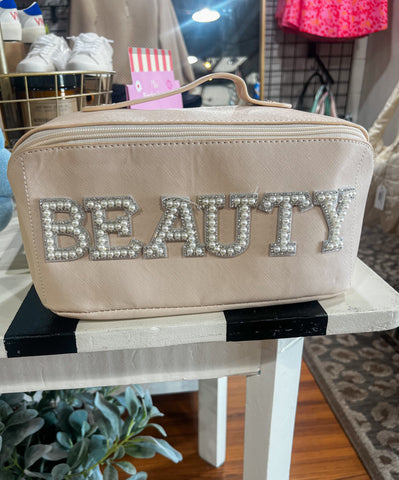 Beige Glam Pearl Beauty Bag