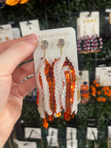 Orange and White Sequin Tassel Earrings