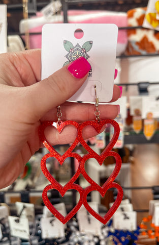 Red Glitter Acrylic Drop Heart Earrings