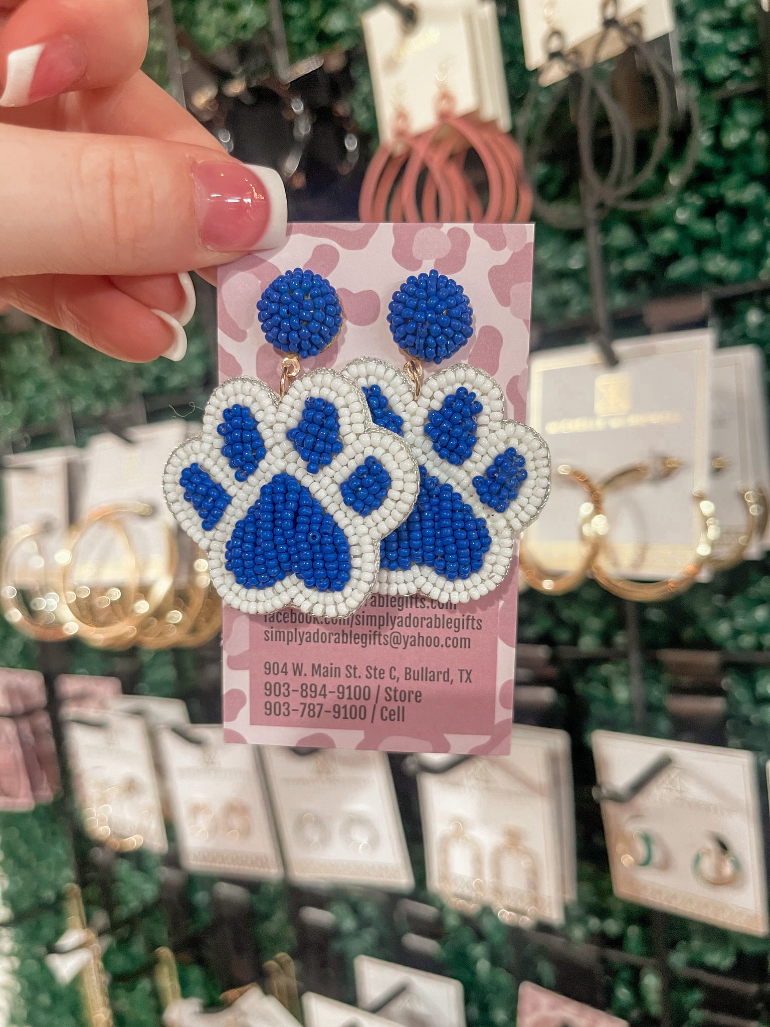 Blue and White Beaded Paw Earrings