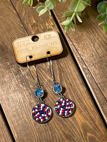 Pink Panache Silver Hanging Earrings with Red White & Blue Beads with Hanging AB Crystal