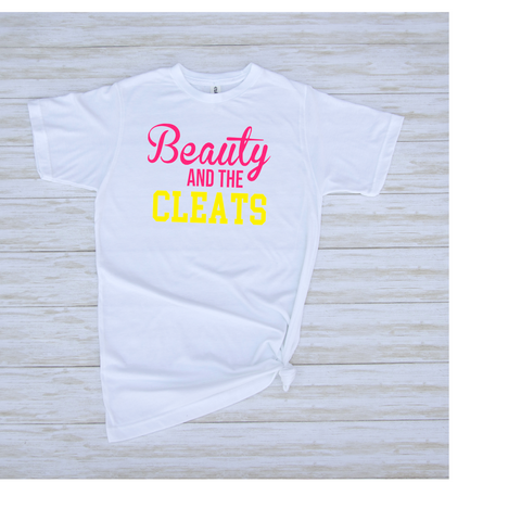 Beauty and the Cleats Yellow Words Sublimation Tee - White