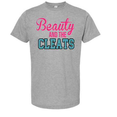 Beauty and the Cleats Blue Words Sublimation Tee - Gray
