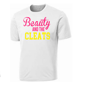 Beauty and the Cleats Yellow Words Sublimation Dri Fit - White