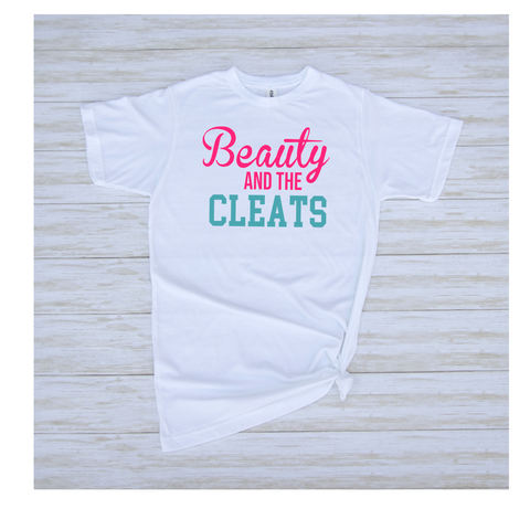 Beauty and the Cleats Blue Words Sublimation Tee - White
